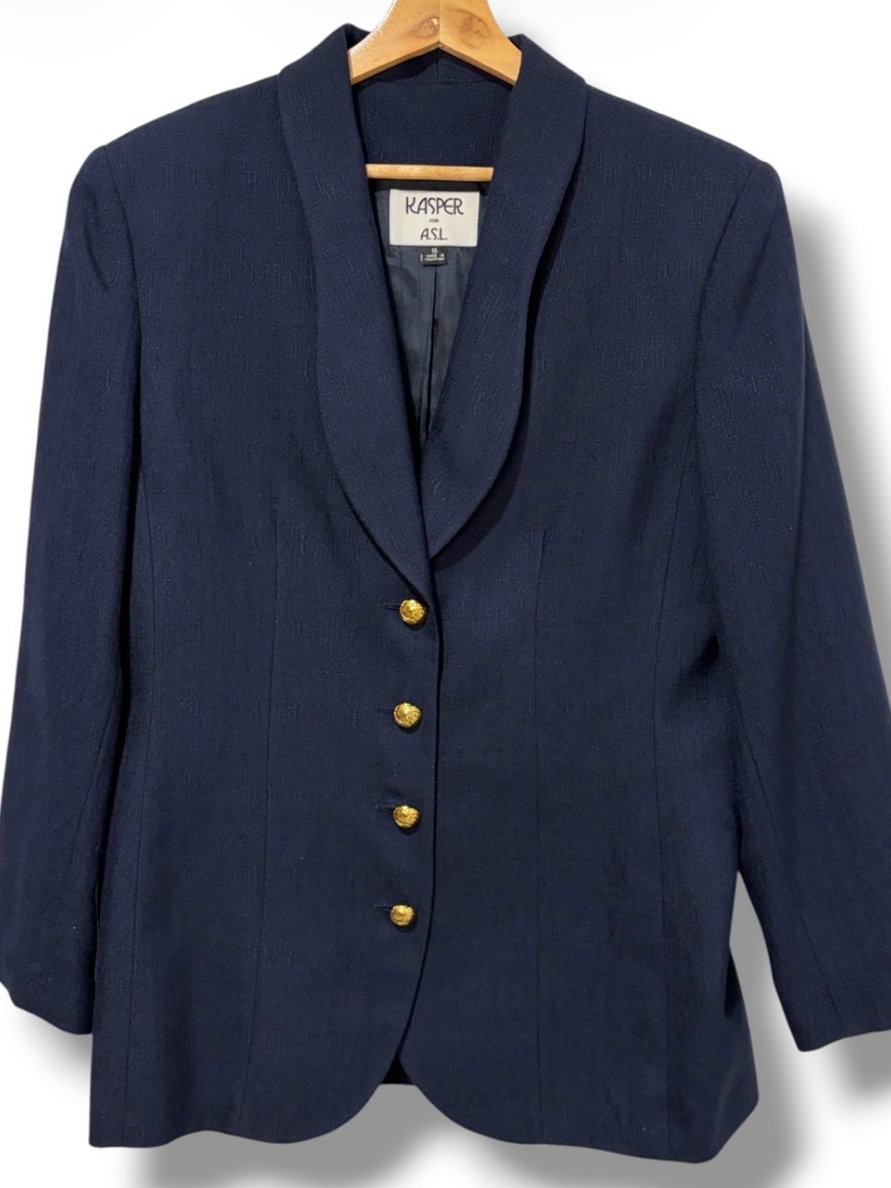 Kasper Women's Shawl Collar Blazer Navy Blue Gold Buttons Size 16 Preppy